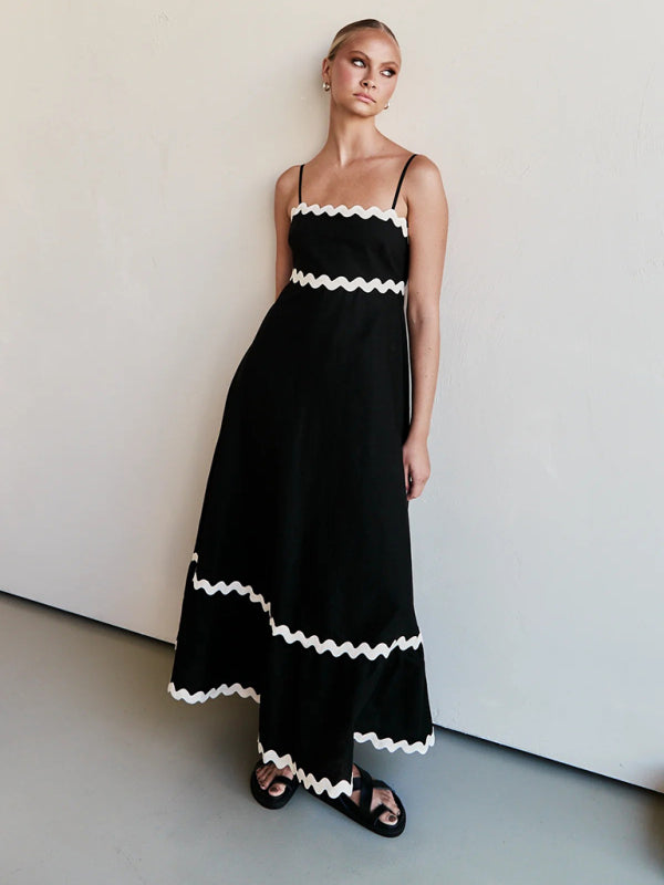 Spaghetti strap sleeveless print contrast color maxi dress BLUE ZONE PLANET