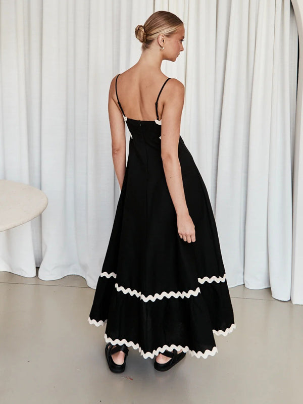 Spaghetti strap sleeveless print contrast color maxi dress BLUE ZONE PLANET