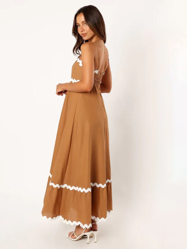 Spaghetti strap sleeveless print contrast color maxi dress BLUE ZONE PLANET