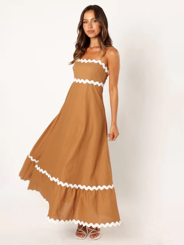 Spaghetti strap sleeveless print contrast color maxi dress BLUE ZONE PLANET
