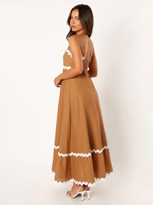 Spaghetti strap sleeveless print contrast color maxi dress BLUE ZONE PLANET