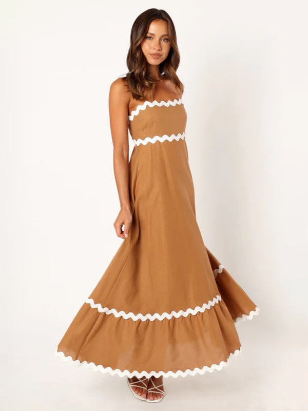 Spaghetti strap sleeveless print contrast color maxi dress BLUE ZONE PLANET