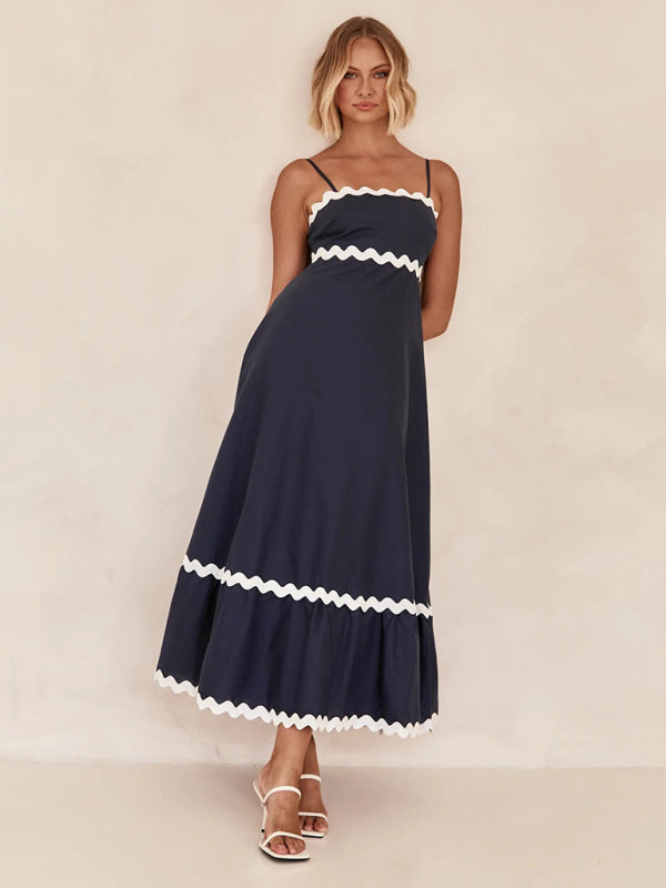 Spaghetti strap sleeveless print contrast color maxi dress BLUE ZONE PLANET