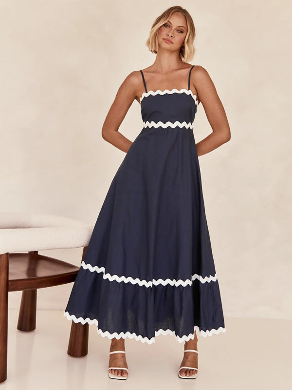 Spaghetti strap sleeveless print contrast color maxi dress BLUE ZONE PLANET