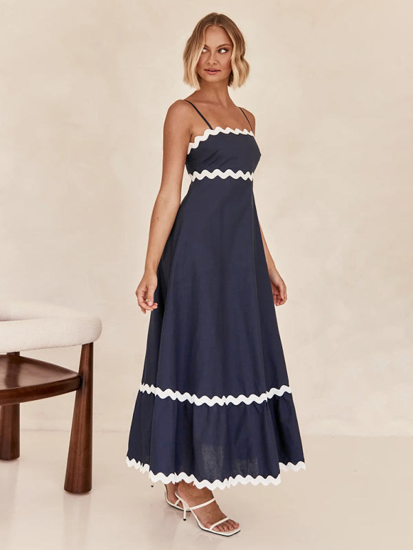 Spaghetti strap sleeveless print contrast color maxi dress BLUE ZONE PLANET
