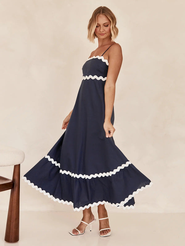 Spaghetti strap sleeveless print contrast color maxi dress BLUE ZONE PLANET