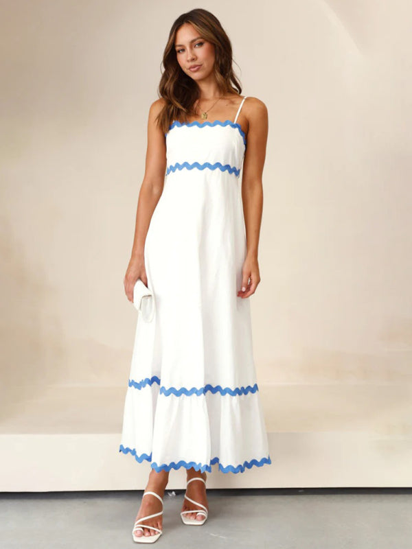 Spaghetti strap sleeveless print contrast color maxi dress BLUE ZONE PLANET