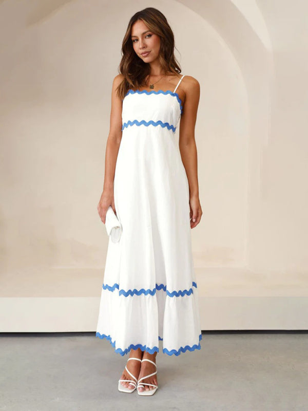Spaghetti strap sleeveless print contrast color maxi dress BLUE ZONE PLANET