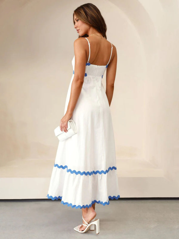 Spaghetti strap sleeveless print contrast color maxi dress BLUE ZONE PLANET