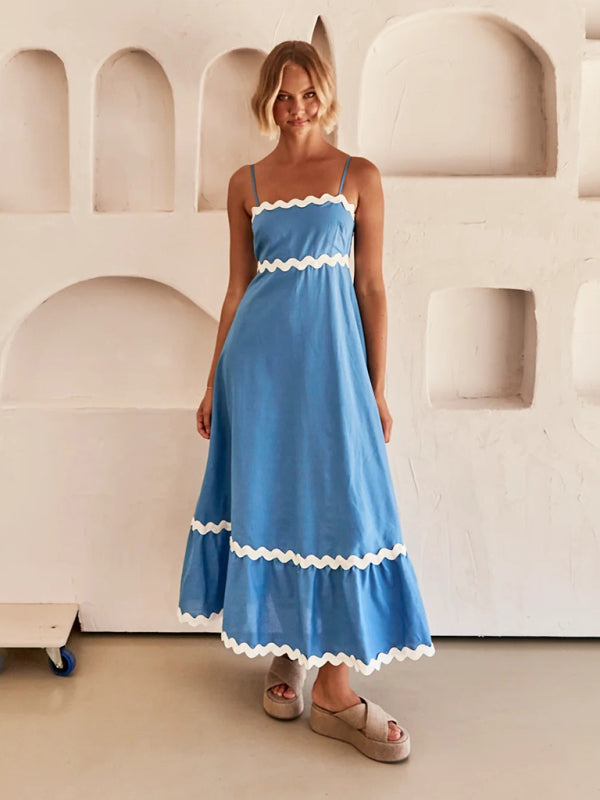 Spaghetti strap sleeveless print contrast color maxi dress BLUE ZONE PLANET