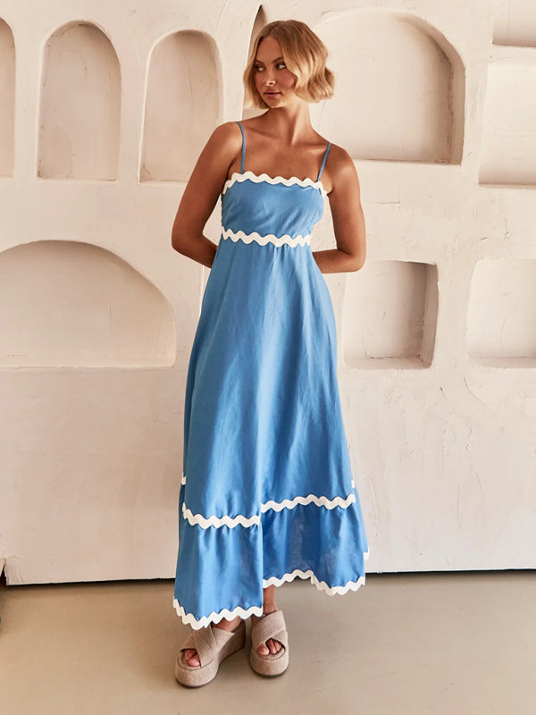 Spaghetti strap sleeveless print contrast color maxi dress BLUE ZONE PLANET