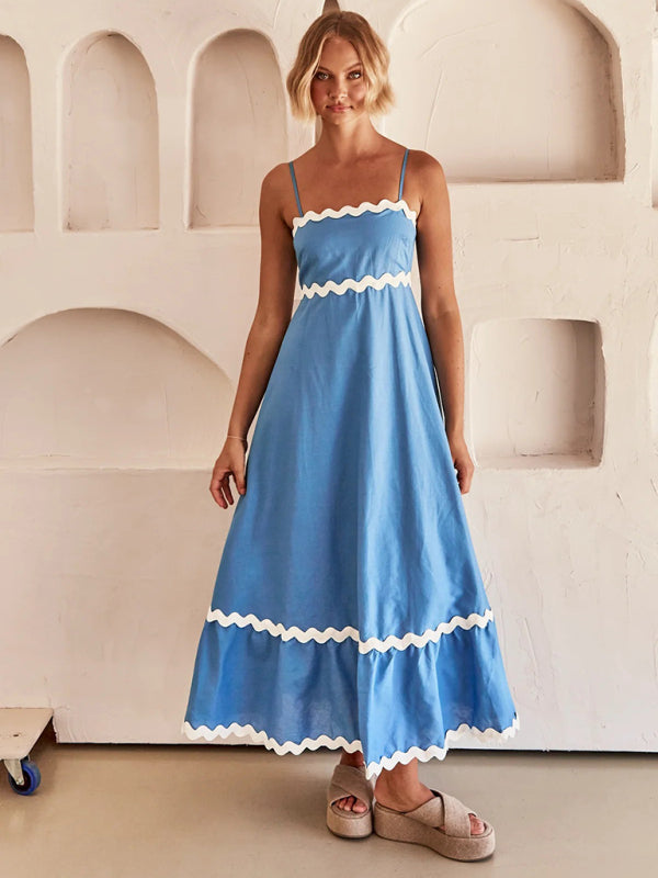 Spaghetti strap sleeveless print contrast color maxi dress BLUE ZONE PLANET
