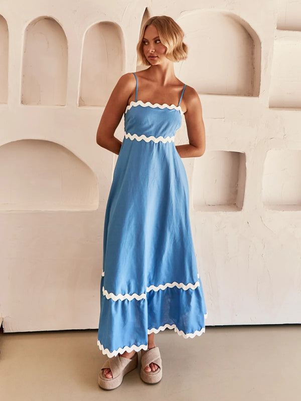 Spaghetti strap sleeveless print contrast color maxi dress BLUE ZONE PLANET
