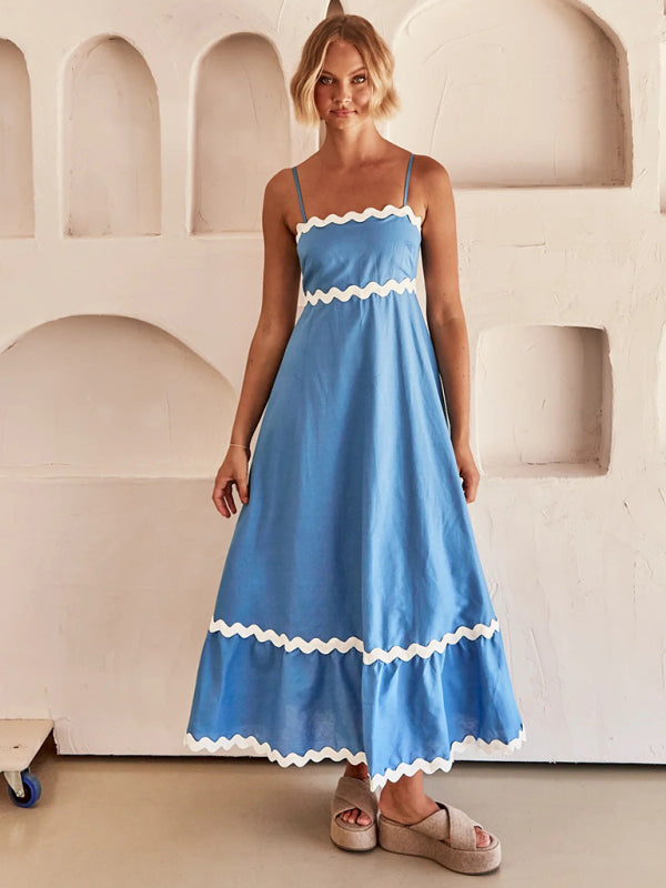 Spaghetti strap sleeveless print contrast color maxi dress BLUE ZONE PLANET