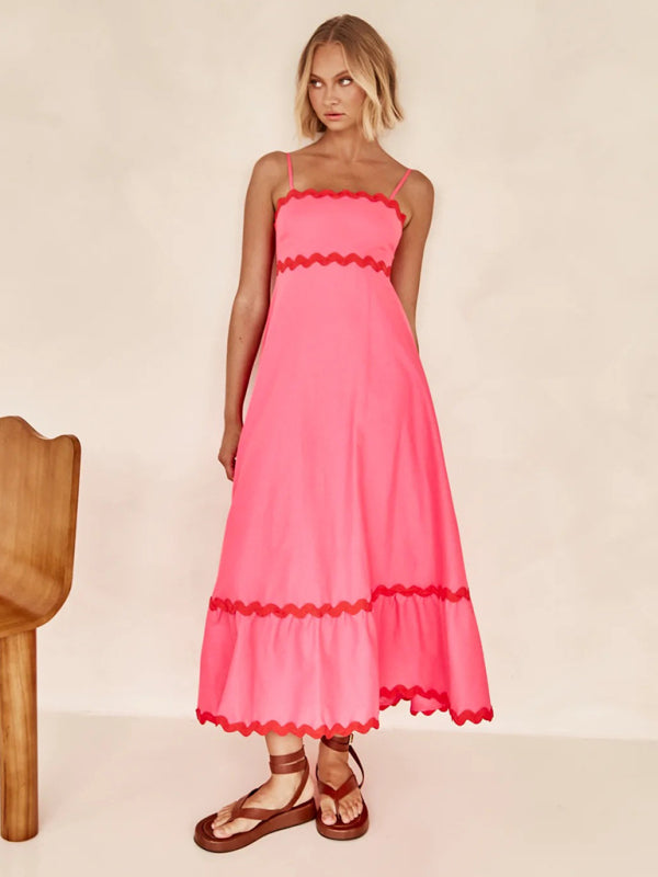 Spaghetti strap sleeveless print contrast color maxi dress BLUE ZONE PLANET