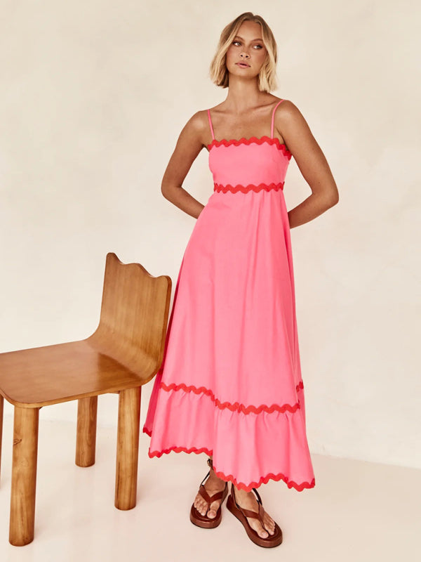 Spaghetti strap sleeveless print contrast color maxi dress BLUE ZONE PLANET