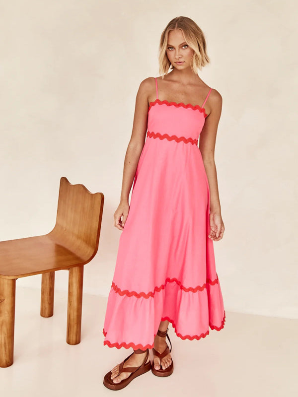 Spaghetti strap sleeveless print contrast color maxi dress BLUE ZONE PLANET