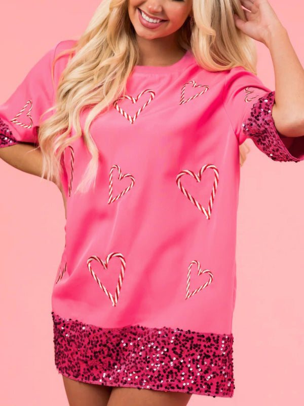 Blue Zone Planet | Women's New Valentine's Day Fashion Casual Printed Women's Sequined Long T-Shirt kakaclo