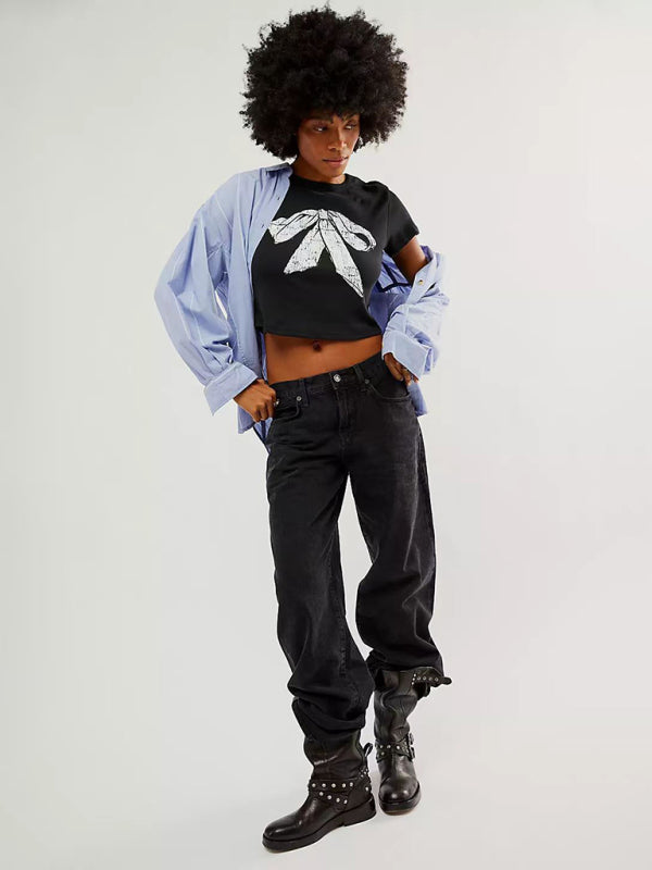 Valentine's Bow Print Short Sleeve Slim Streetwear T-Shirt kakaclo