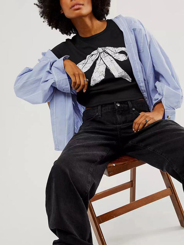 Valentine's Bow Print Short Sleeve Slim Streetwear T-Shirt kakaclo