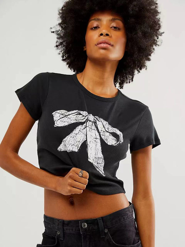 Valentine's Bow Print Short Sleeve Slim Streetwear T-Shirt kakaclo