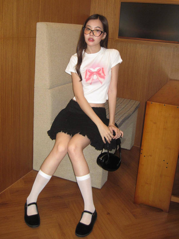 Valentine's Bow Print Short Sleeve Slim Streetwear T-Shirt kakaclo