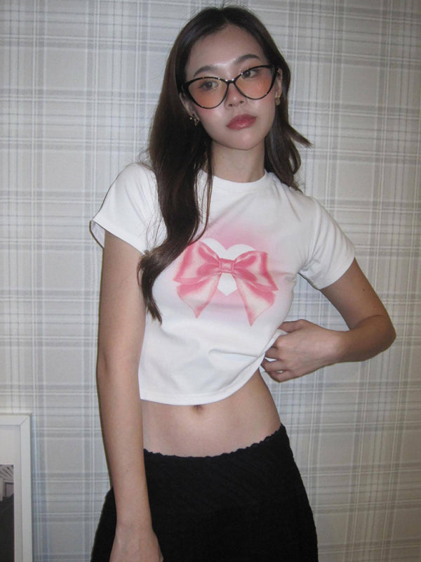 Valentine's Bow Print Short Sleeve Slim Streetwear T-Shirt kakaclo