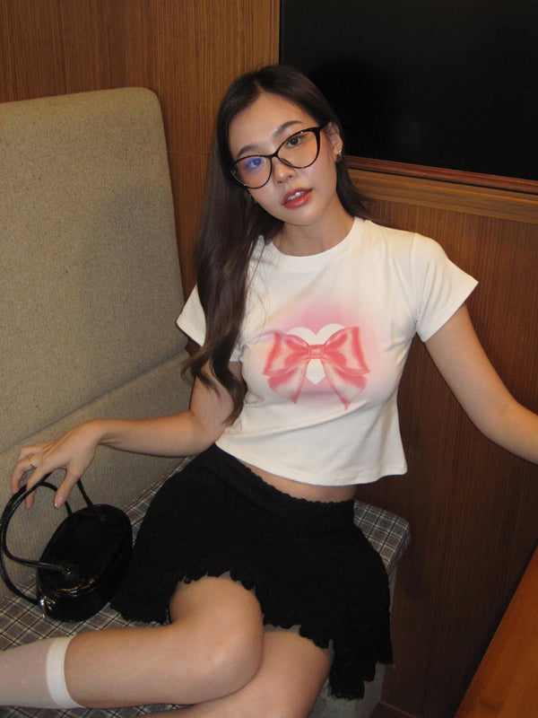 Valentine's Bow Print Short Sleeve Slim Streetwear T-Shirt kakaclo