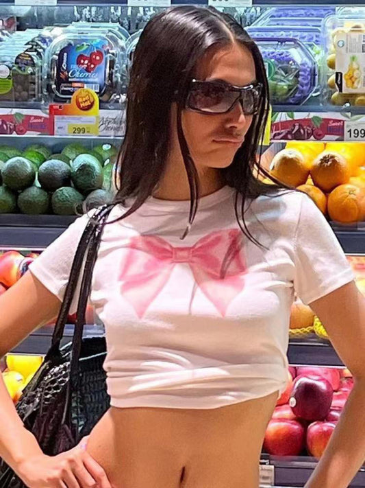 Valentine's Bow Print Short Sleeve Slim Streetwear T-Shirt kakaclo