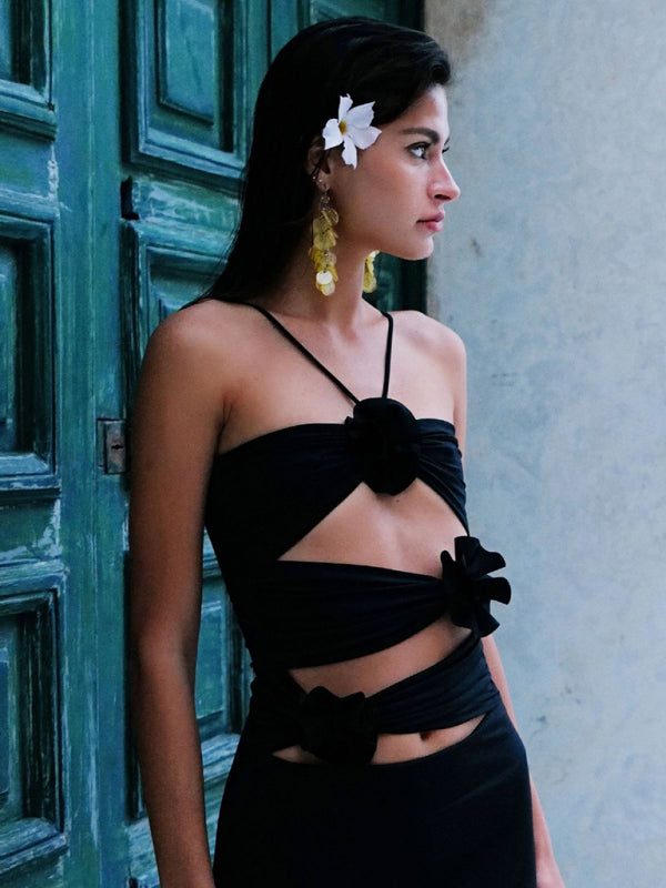 Blue Zone Planet | 3D flower halter neck spaghetti cutout maxi dress BLUE ZONE PLANET