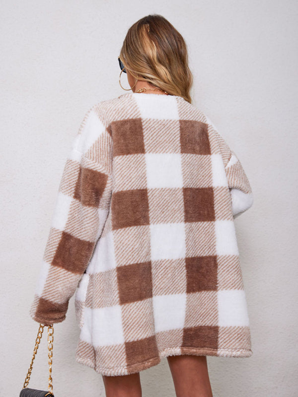 Plush Plaid Pocket Long Sleeve Cardigan Jacket kakaclo