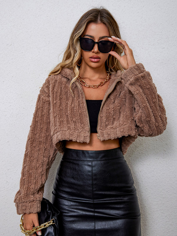 solid color hooded zipper long sleeve short jacket kakaclo