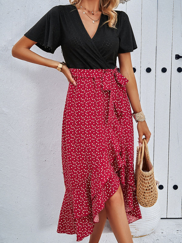 Blue Zone Planet | Contrast V-neck belted ruffle midi dress kakaclo