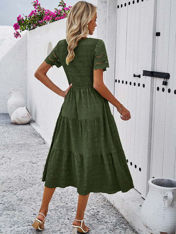 Blue Zone Planet | Solid Color Short Sleeve Cutout Midi Dress kakaclo