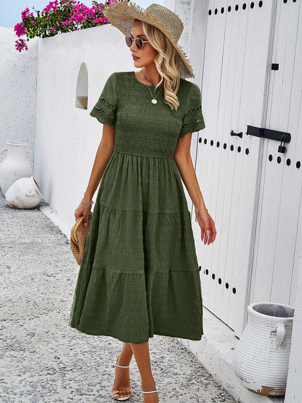 Blue Zone Planet | Solid Color Short Sleeve Cutout Midi Dress kakaclo