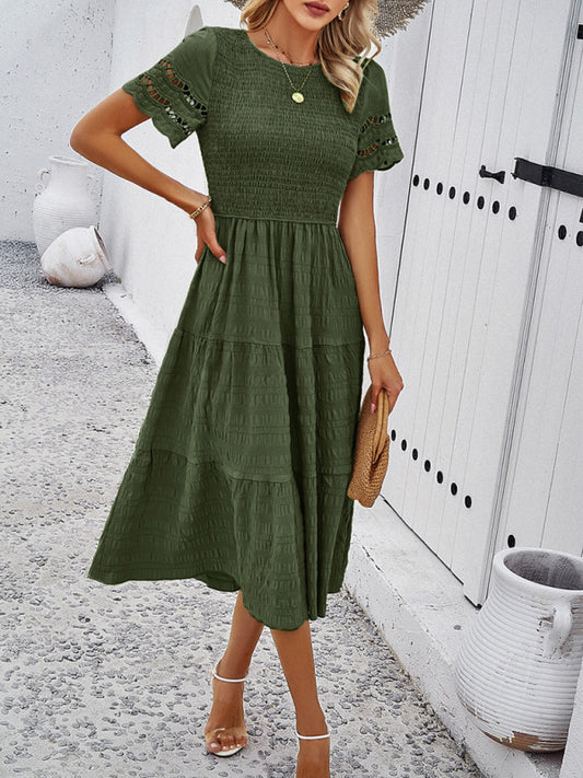 Blue Zone Planet | Solid Color Short Sleeve Cutout Midi Dress kakaclo