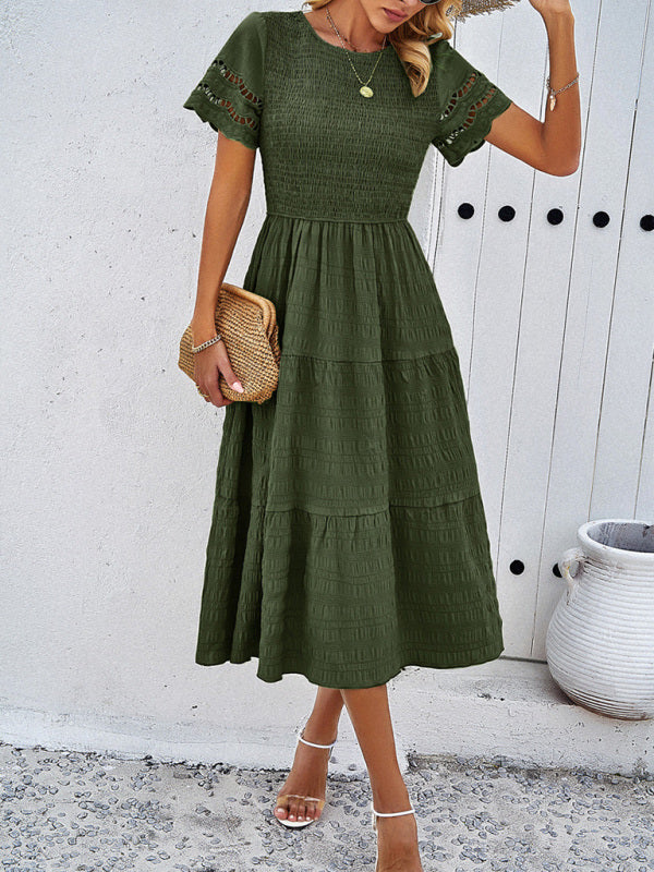 Blue Zone Planet | Solid Color Short Sleeve Cutout Midi Dress kakaclo