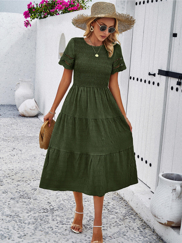 Blue Zone Planet | Solid Color Short Sleeve Cutout Midi Dress kakaclo