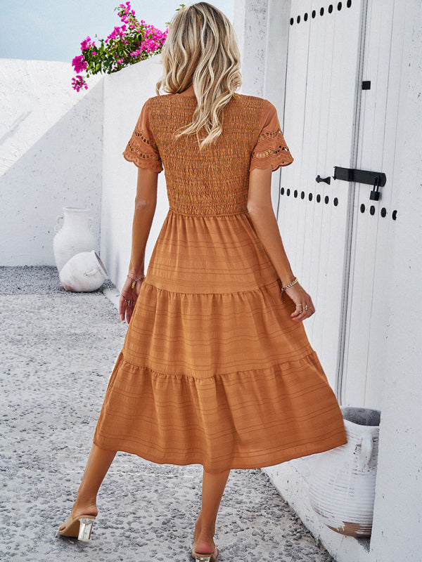 Blue Zone Planet | Solid Color Short Sleeve Cutout Midi Dress kakaclo