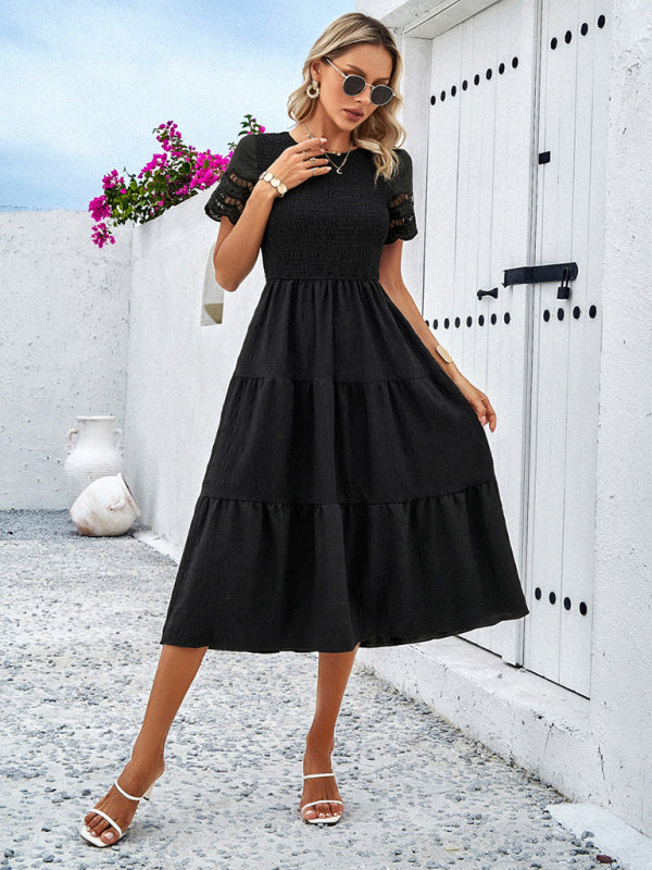 Blue Zone Planet | Solid Color Short Sleeve Cutout Midi Dress kakaclo