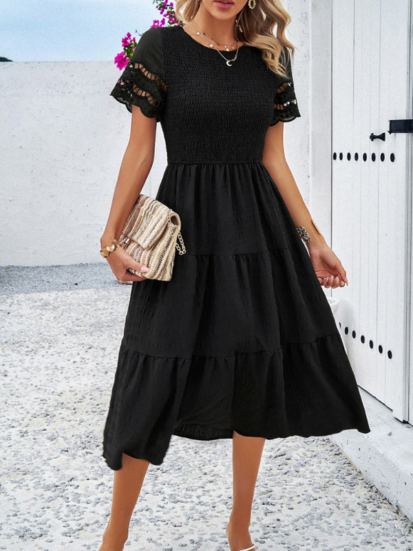 Blue Zone Planet | Solid Color Short Sleeve Cutout Midi Dress kakaclo