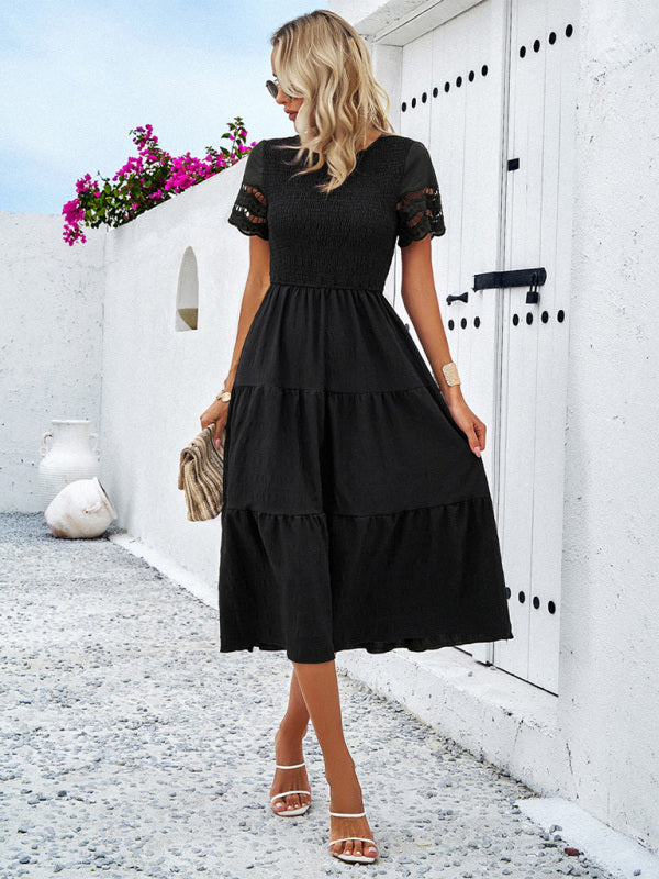 Blue Zone Planet | Solid Color Short Sleeve Cutout Midi Dress kakaclo