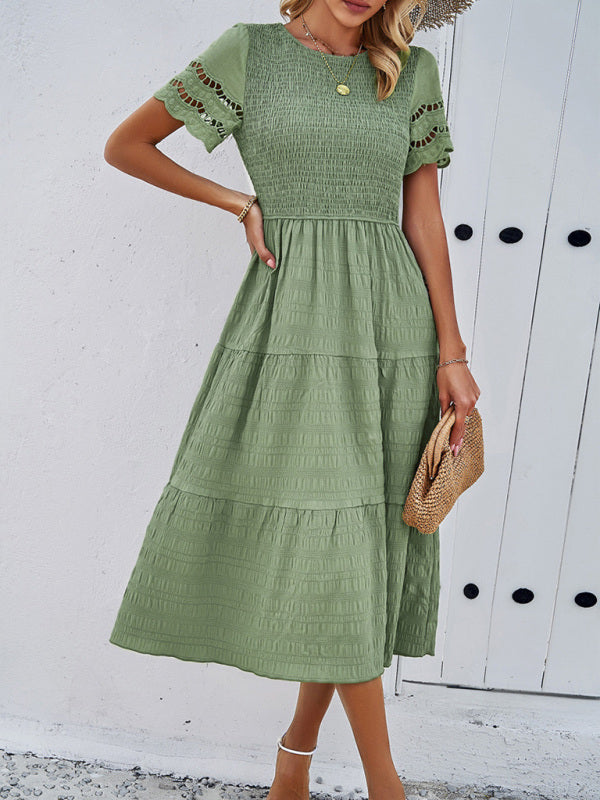Blue Zone Planet | Solid Color Short Sleeve Cutout Midi Dress kakaclo