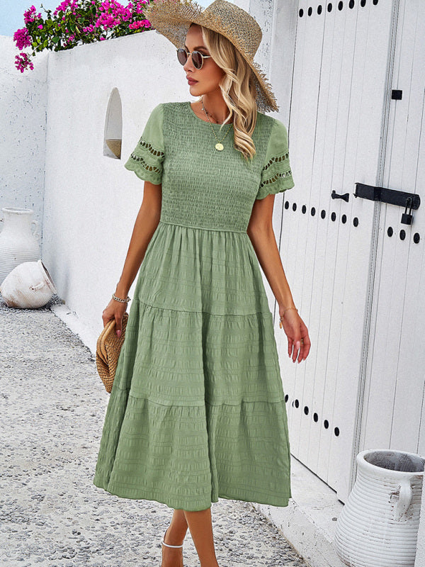 Blue Zone Planet | Solid Color Short Sleeve Cutout Midi Dress kakaclo