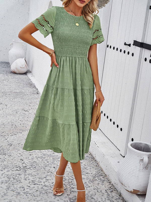 Blue Zone Planet | Solid Color Short Sleeve Cutout Midi Dress kakaclo