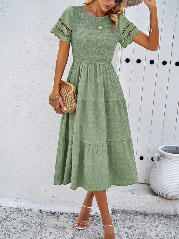 Blue Zone Planet | Solid Color Short Sleeve Cutout Midi Dress kakaclo