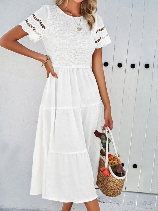 Blue Zone Planet | Solid Color Short Sleeve Cutout Midi Dress kakaclo
