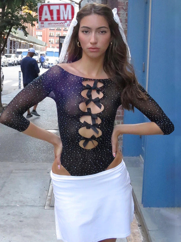 Blue Zone Planet |  hot girl high elastic knitted see-through bow hollow hot diamond jumpsuit BLUE ZONE PLANET