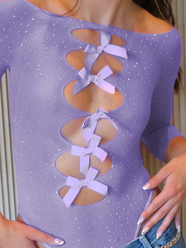 Blue Zone Planet |  hot girl high elastic knitted see-through bow hollow hot diamond jumpsuit BLUE ZONE PLANET