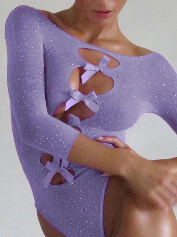 Blue Zone Planet | hot girl high elastic knitted see-through bow hollow hot diamond jumpsuit BLUE ZONE PLANET